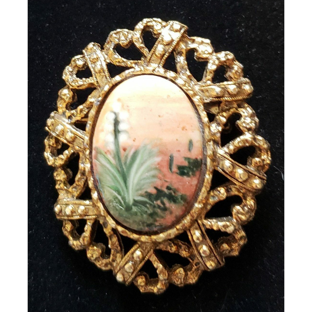Vintage Hand Painted Brooch Pin Cotton Plant, Porcelain Gold-tone Floral fb1-56
